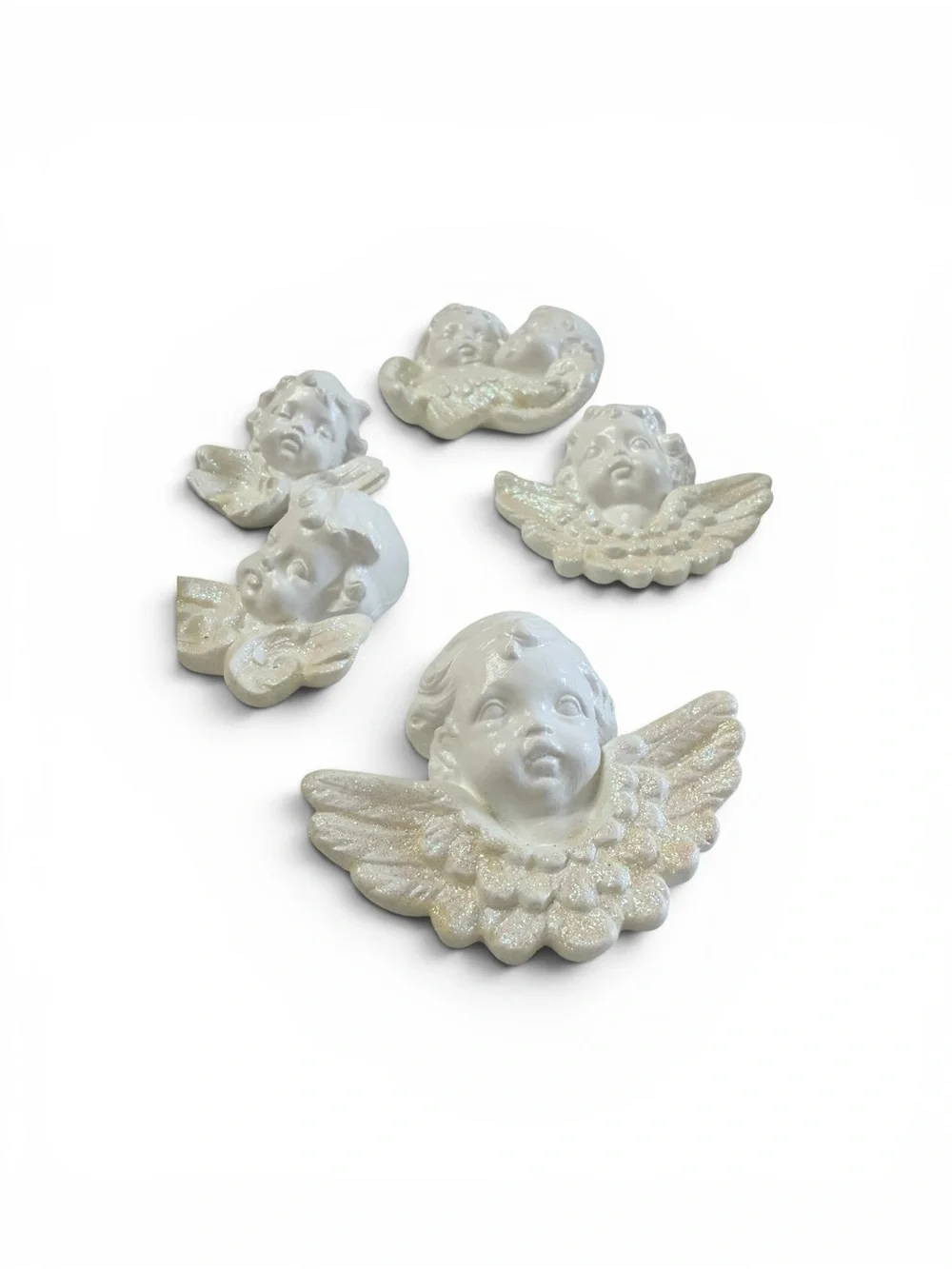 Vintage 80’s Scioto White Ceramic Cherub Plaques with Iridescent Wings Set of 5